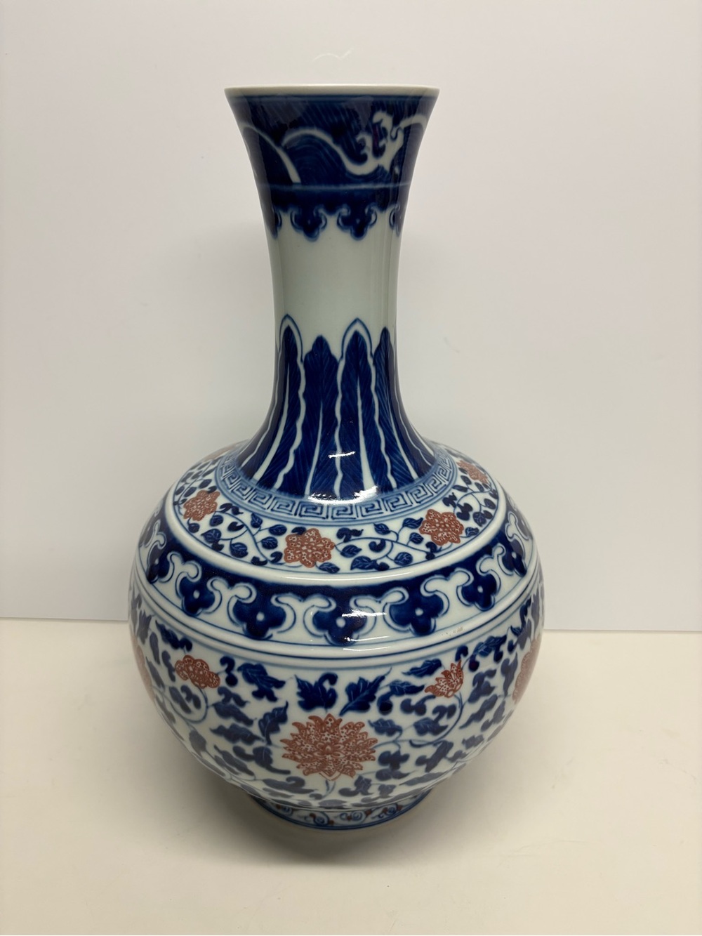 Vintage Chinese Blue & White Underglazed Red Porcelain Vase Collectible
